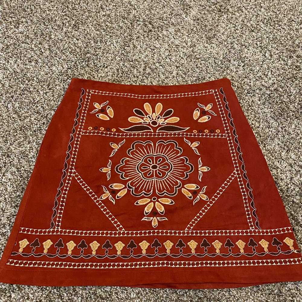 Rust Embroidered Mini Skirt